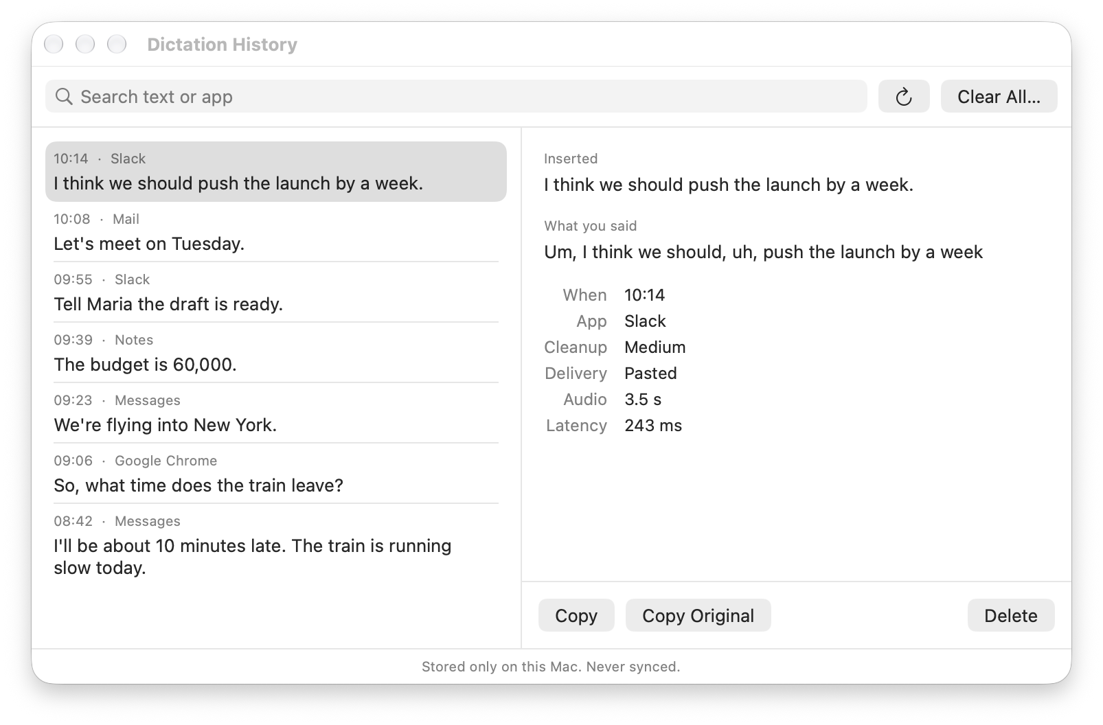 The Dictation History window. A dictation made in Slack is selected: “Um, I think we should, uh, push the launch by a week” was inserted as “I think we should push the launch by a week.” at the Medium cleanup level.