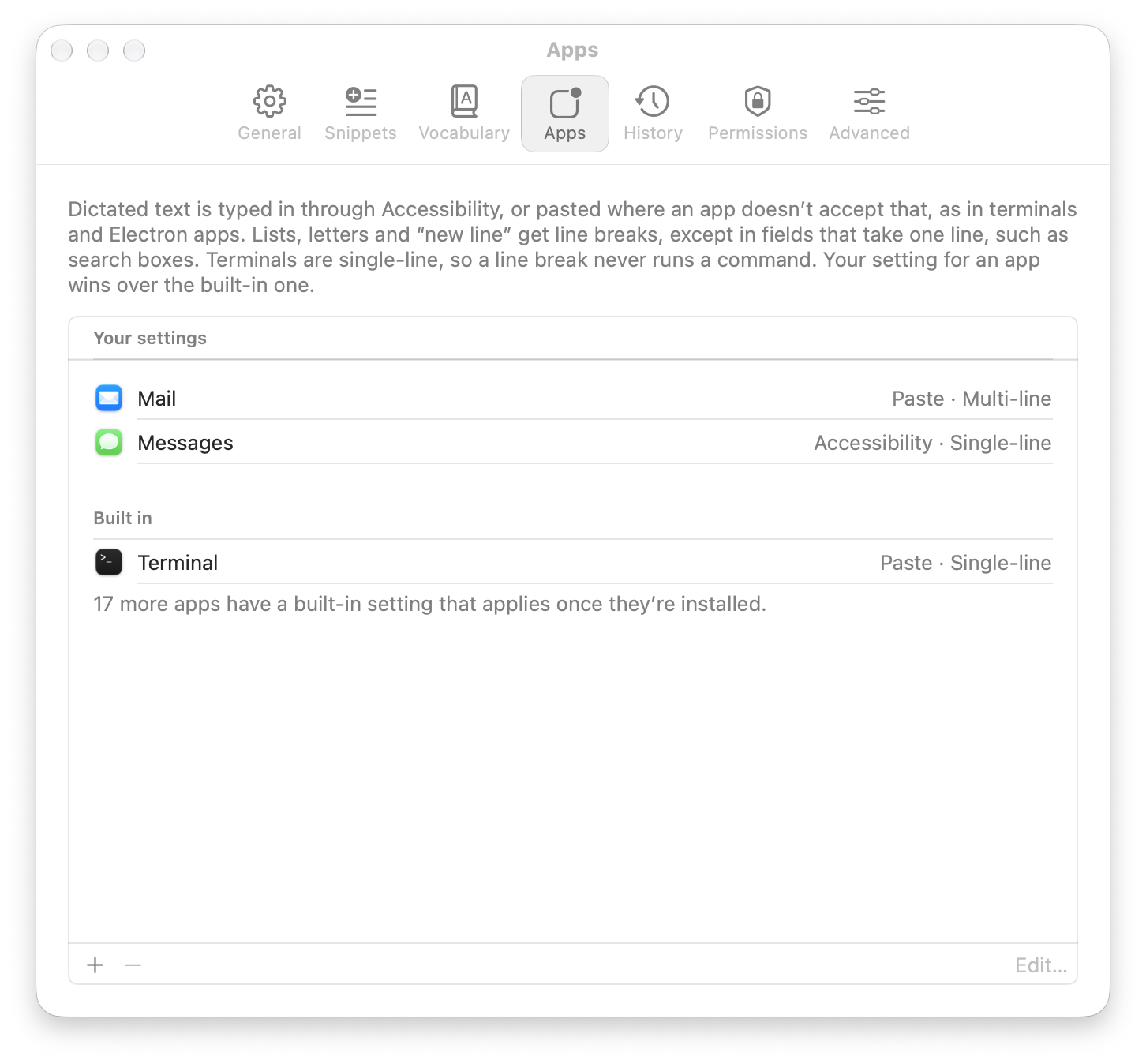 Settings, Apps tab. Under Your settings, Mail is set to Paste with line breaks and Messages to Accessibility on a single line. Under Built in, Terminal pastes on a single line, and a note says 17 more apps have a built-in setting that applies once they’re installed.