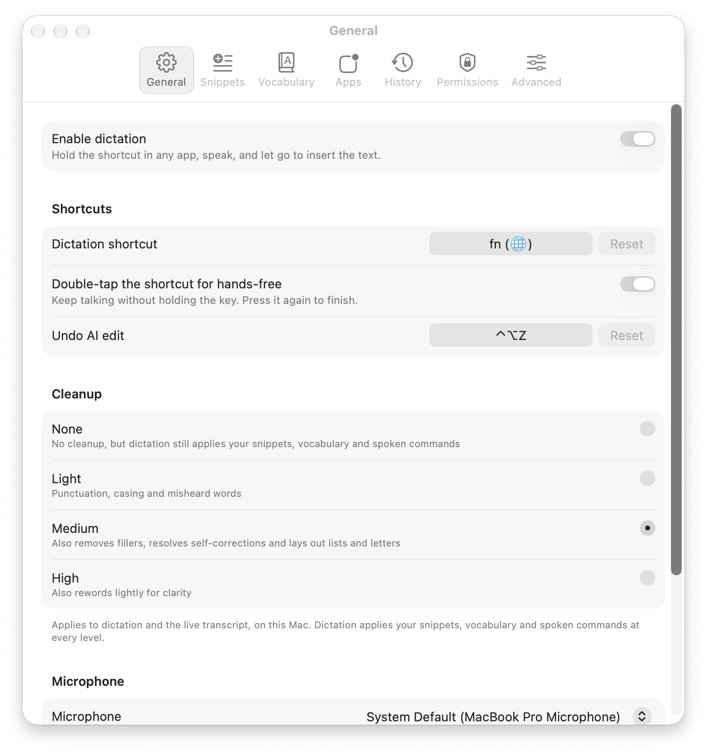 Settings, General tab. Dictation is on, the dictation shortcut is fn, double-tap for hands-free is on and the undo shortcut is Control-Option-Z. Cleanup is set to Medium, out of None, Light, Medium and High.