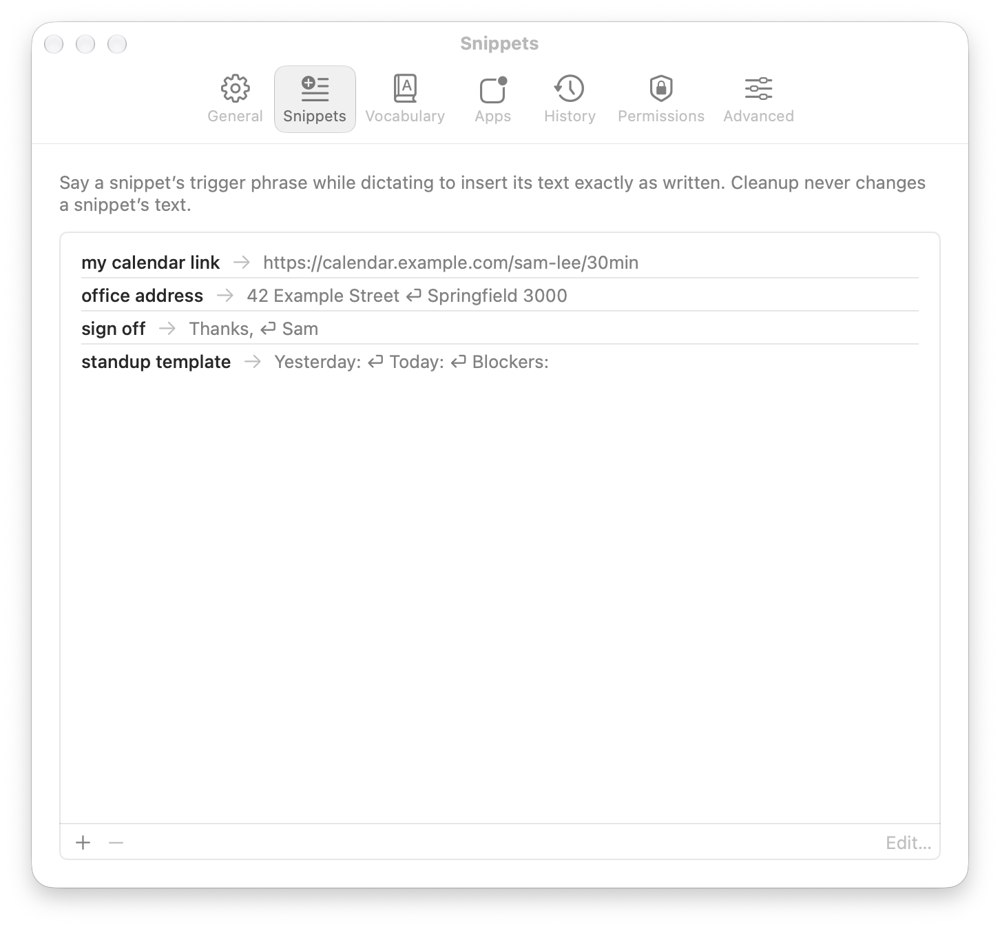 Settings, Snippets tab, listing four snippets: “my calendar link” inserts a calendar URL, “office address” an address, “sign off” a closing, and “standup template” a Yesterday, Today and Blockers template.
