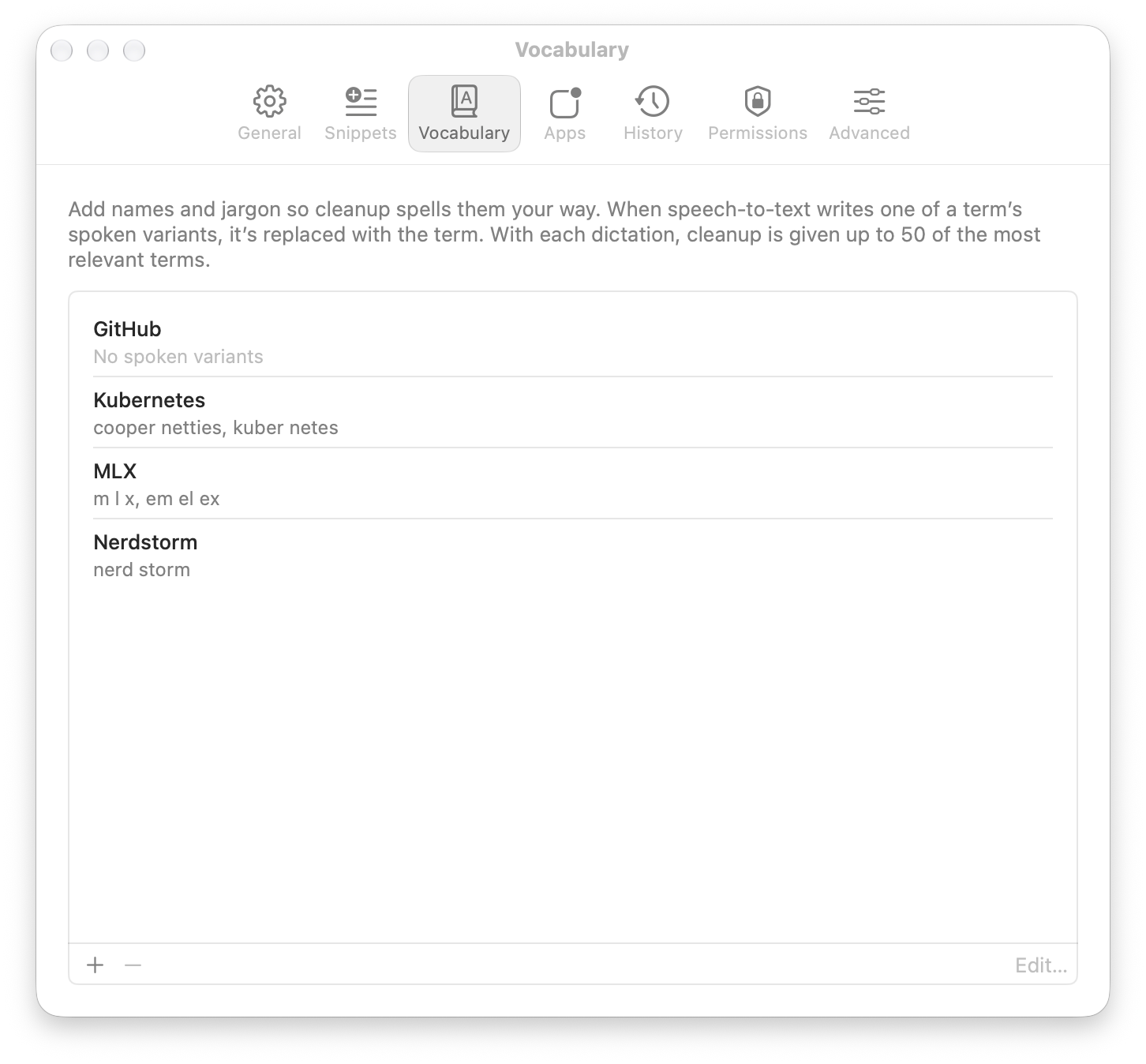 Settings, Vocabulary tab, listing GitHub, Kubernetes (heard as “cooper netties” or “kuber netes”), MLX (heard as “m l x” or “em el ex”) and Nerdstorm (heard as “nerd storm”).